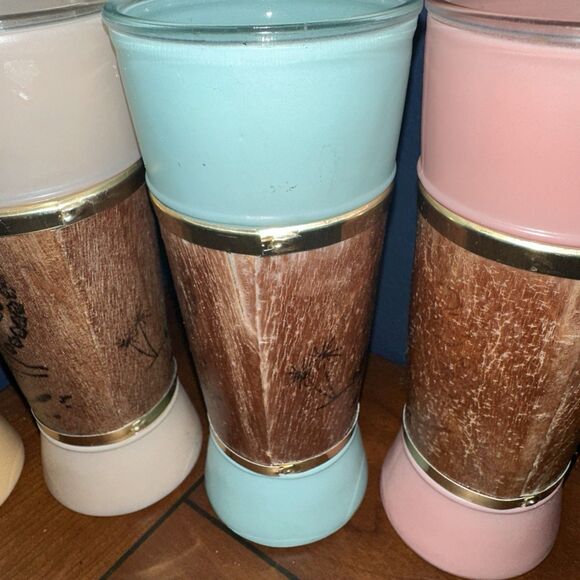 Vintage MCM Siesta Ware Tiki Bar Glasses Mahogany Wood Wrapped Set Of 4 - Picture 6 of 11